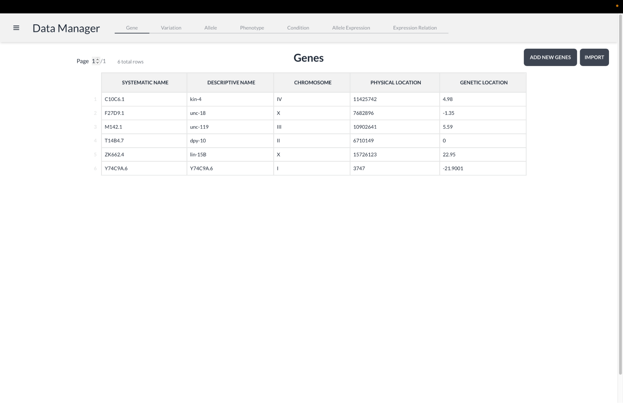 Data manager showing the genes table